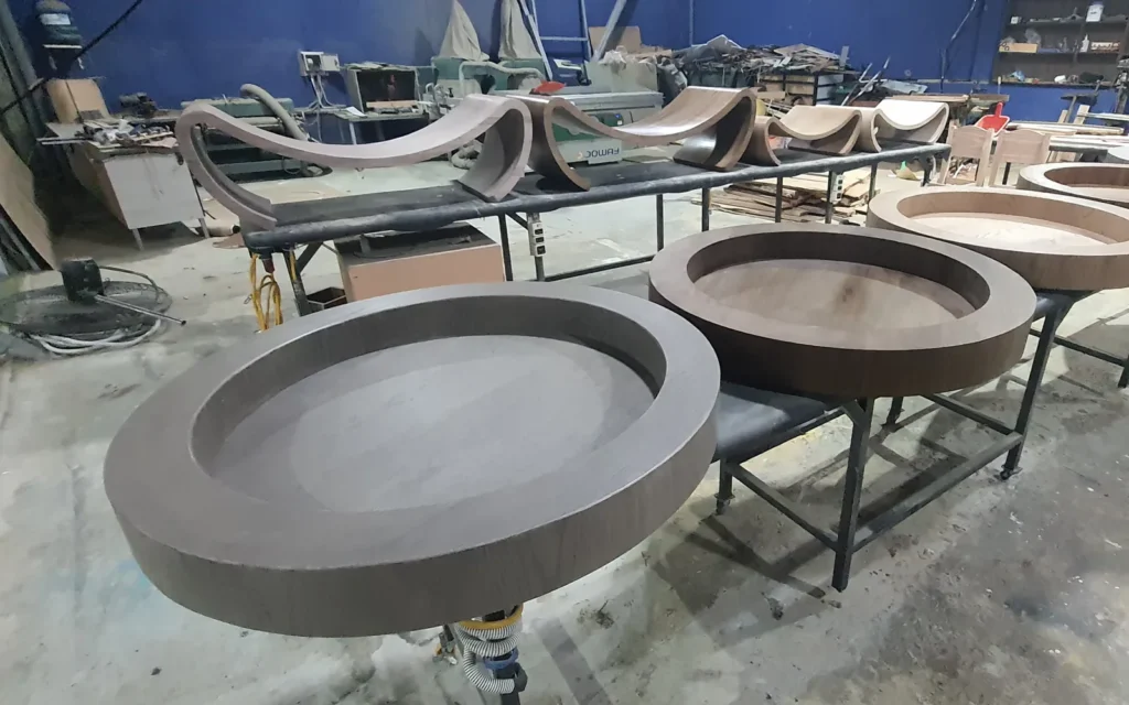 Round wooden pet beds made for export at the Tam Quang Minh factory in Da Nang