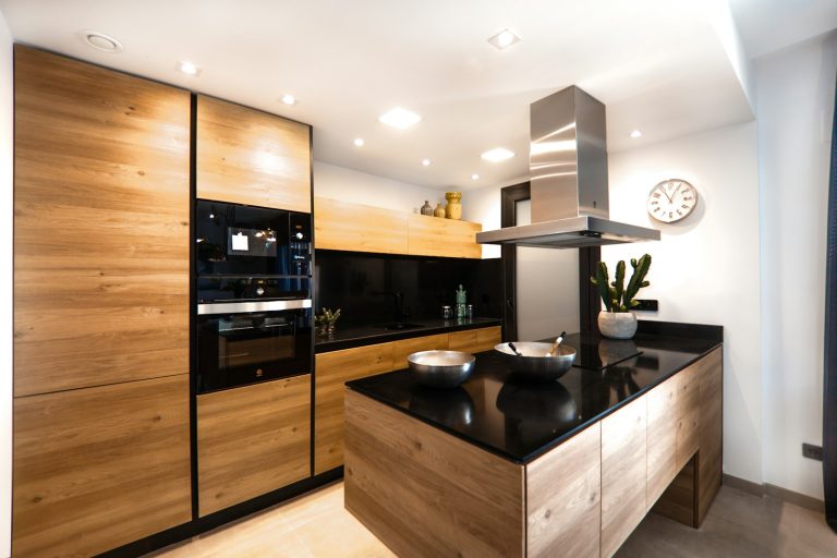 Modern kitchen cabinets in wood and black