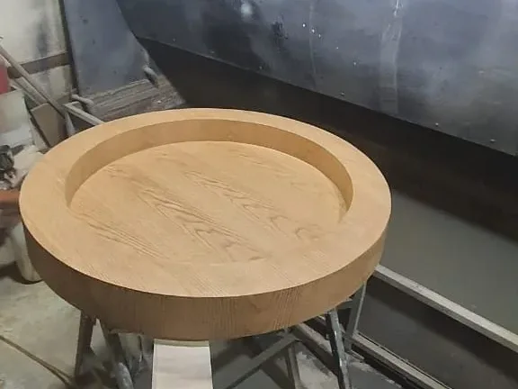 Pet bed in the spray booth during finishing